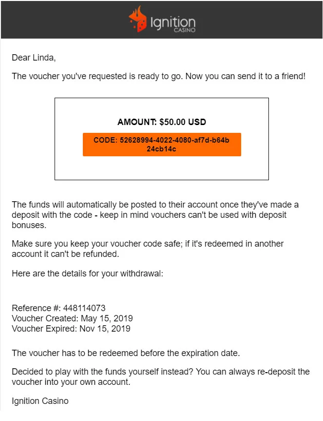 Email confirmation sent to players about their Voucher Withdrawal containing the Voucher code